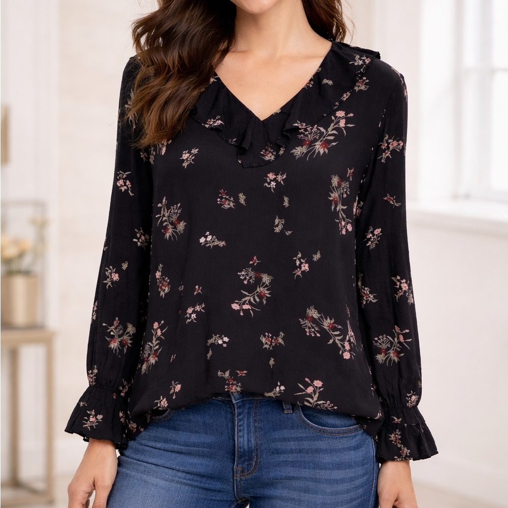 J Jill Black Crepe Floral Ruffle V-Neck Boho Blouse Career Casual Size M